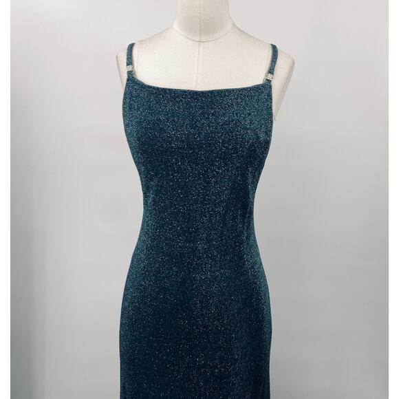 Vintage 90s All That Jazz Sparkle Maxi Dress Gown Slinky Low Back Metallic Teal - Picture 2 of 10